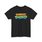 Black t-shirt with 'Embrace Diversity' text in colorful letters on a white background