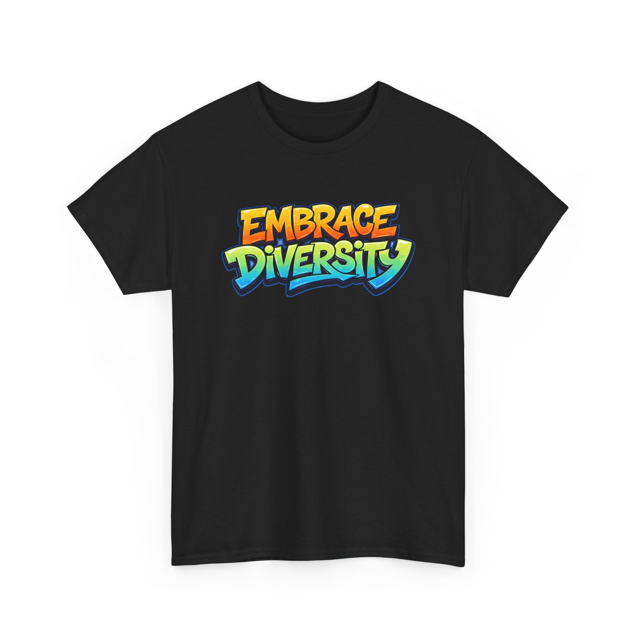 Black t-shirt with 'Embrace Diversity' text in colorful letters on a white background