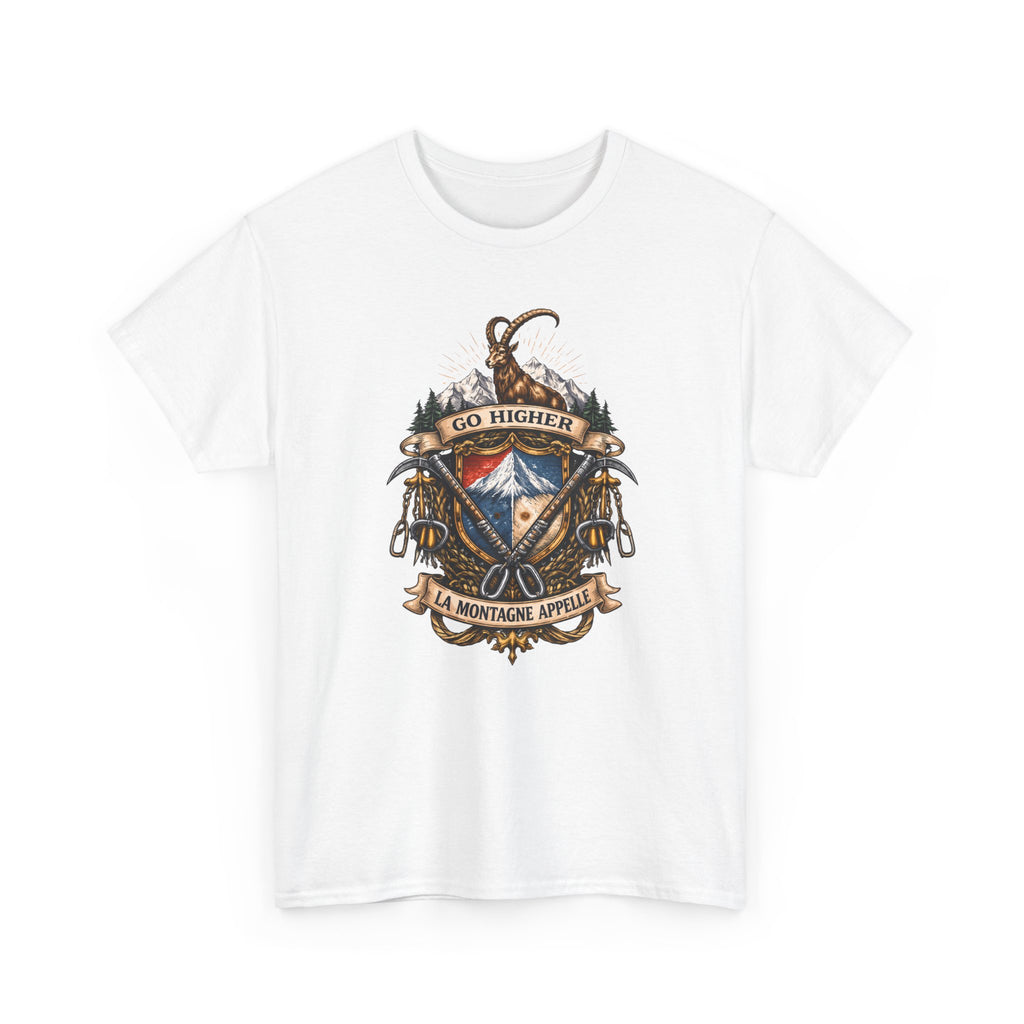 Adventure Crest T-Shirt — "Go Higher" Mountain Climbing Graphic Tee