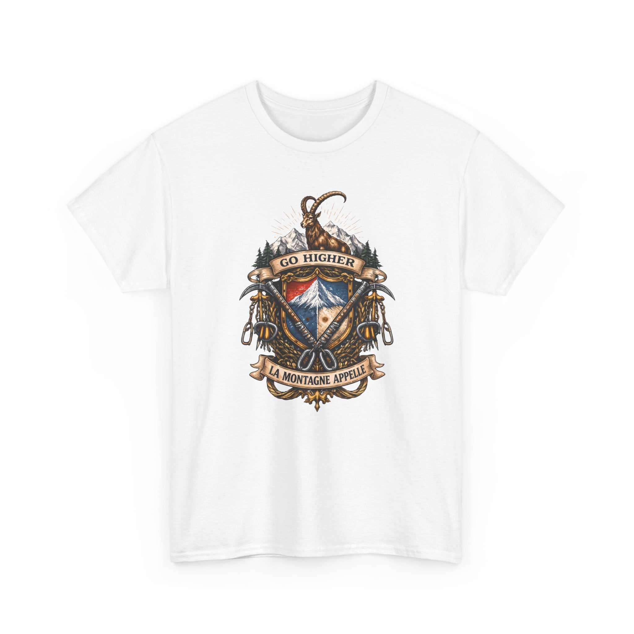Adventure Crest T-Shirt — "Go Higher" Mountain Climbing Graphic Tee