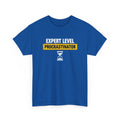 Blue t-shirt with 'Expert Level Procrastinator' text and hourglass graphic on a white background