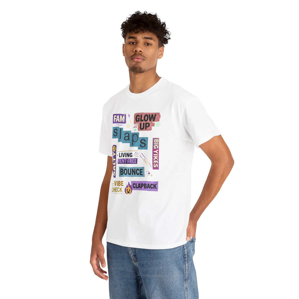 Gen Z Graphic Tee — Trendy Sticker-Style Words Design