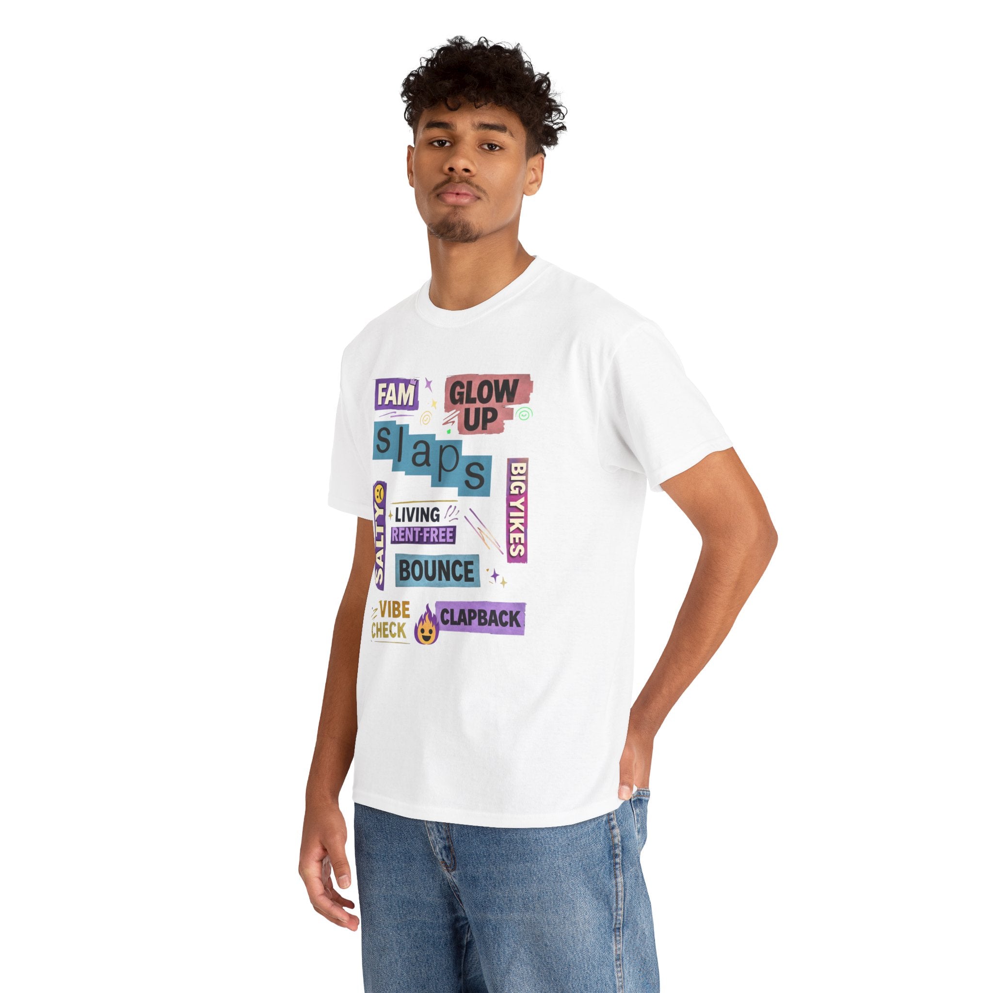 Gen Z Graphic Tee — Trendy Sticker-Style Words Design