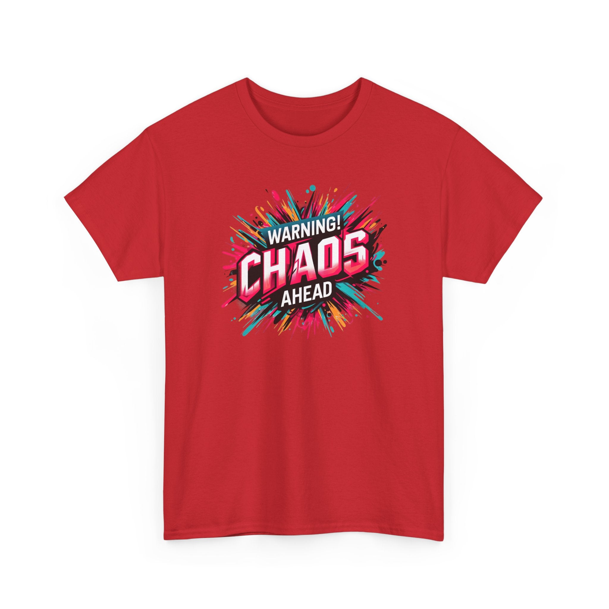 Chaos Ahead Graphic Tee — Warning! Colorful Explosion Design