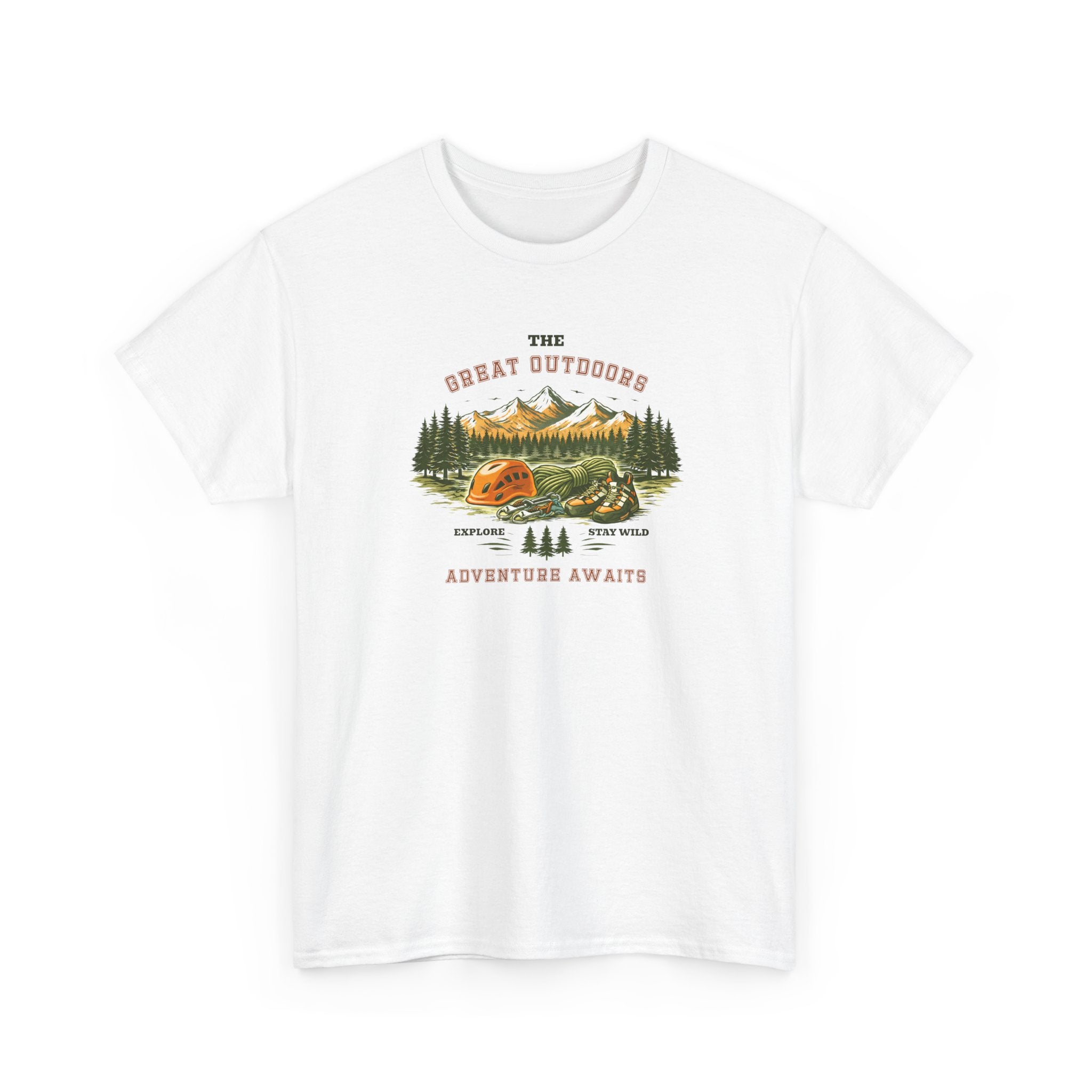 An outdoor scenic graphic with rock climbing gear in the foreground and pine trees and mountains in the distance, with the text 'The Great Outdoors Adventure Awaits', perfect for nature lovers.