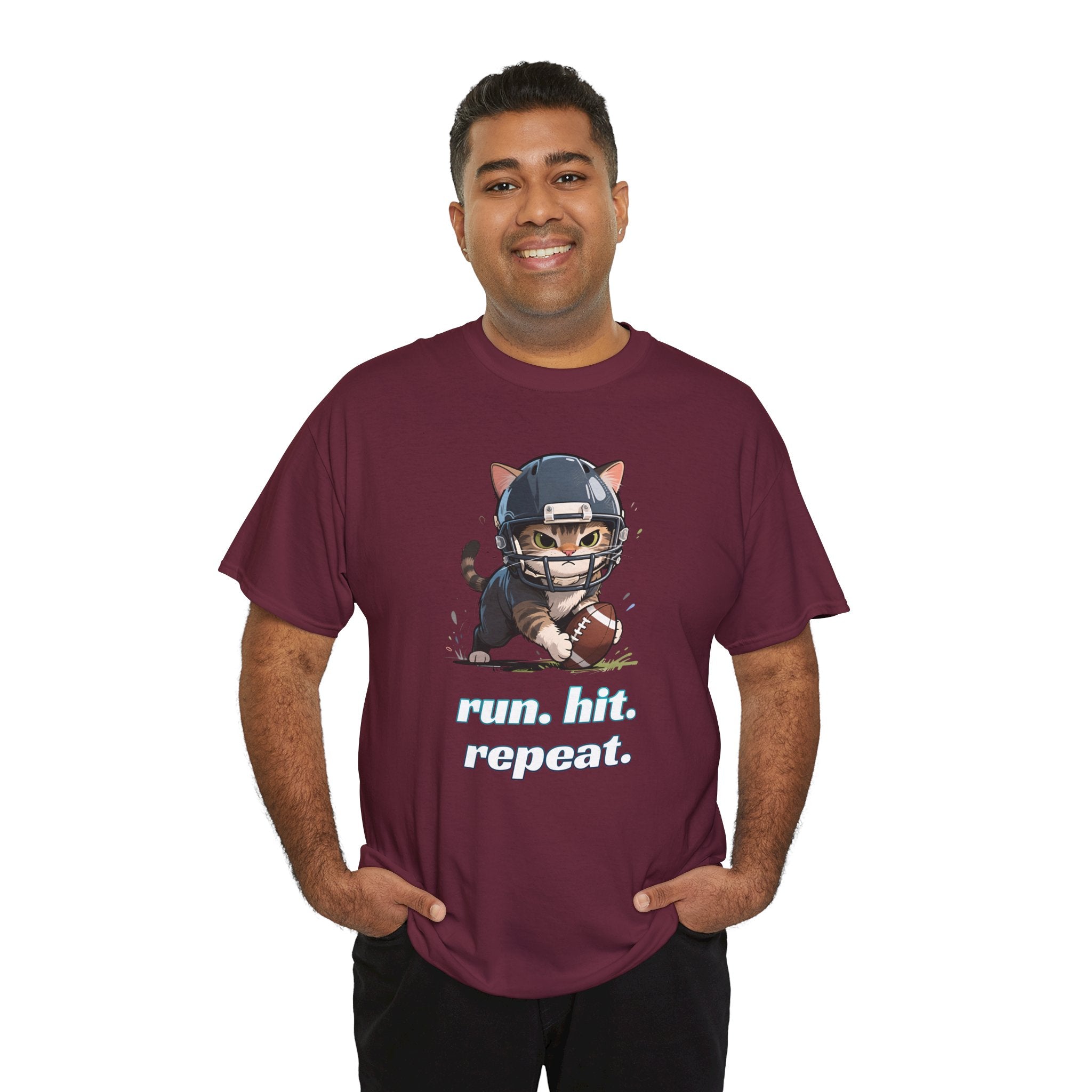 Funny Football Cat T-Shirt — "Run. Hit. Repeat." Cute Helmet Kitten Tee for Football Fans