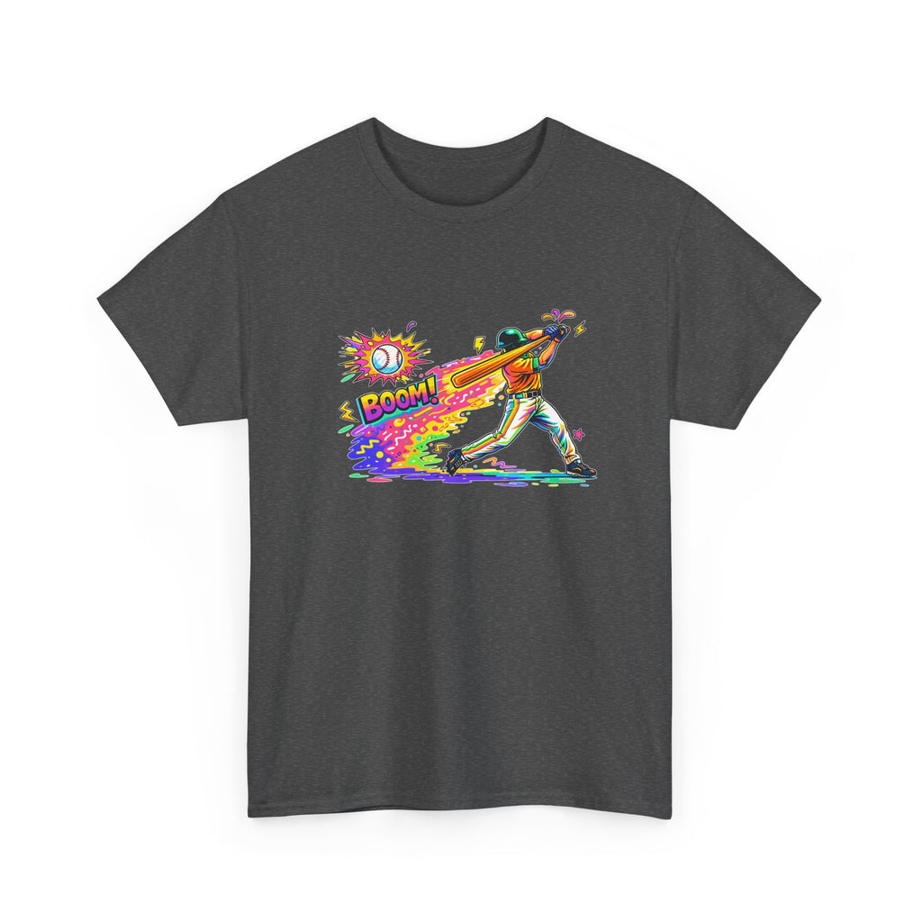 Baseball Batter Rainbow Blast Tee — 'Boom!' Graphic Sports T-Shirt