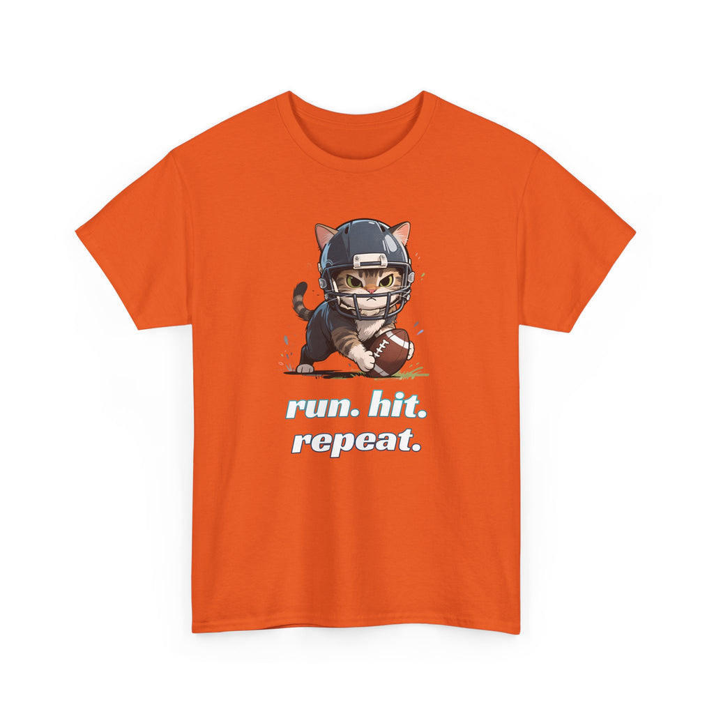 Funny Football Cat T-Shirt — "Run. Hit. Repeat." Cute Helmet Kitten Tee for Football Fans