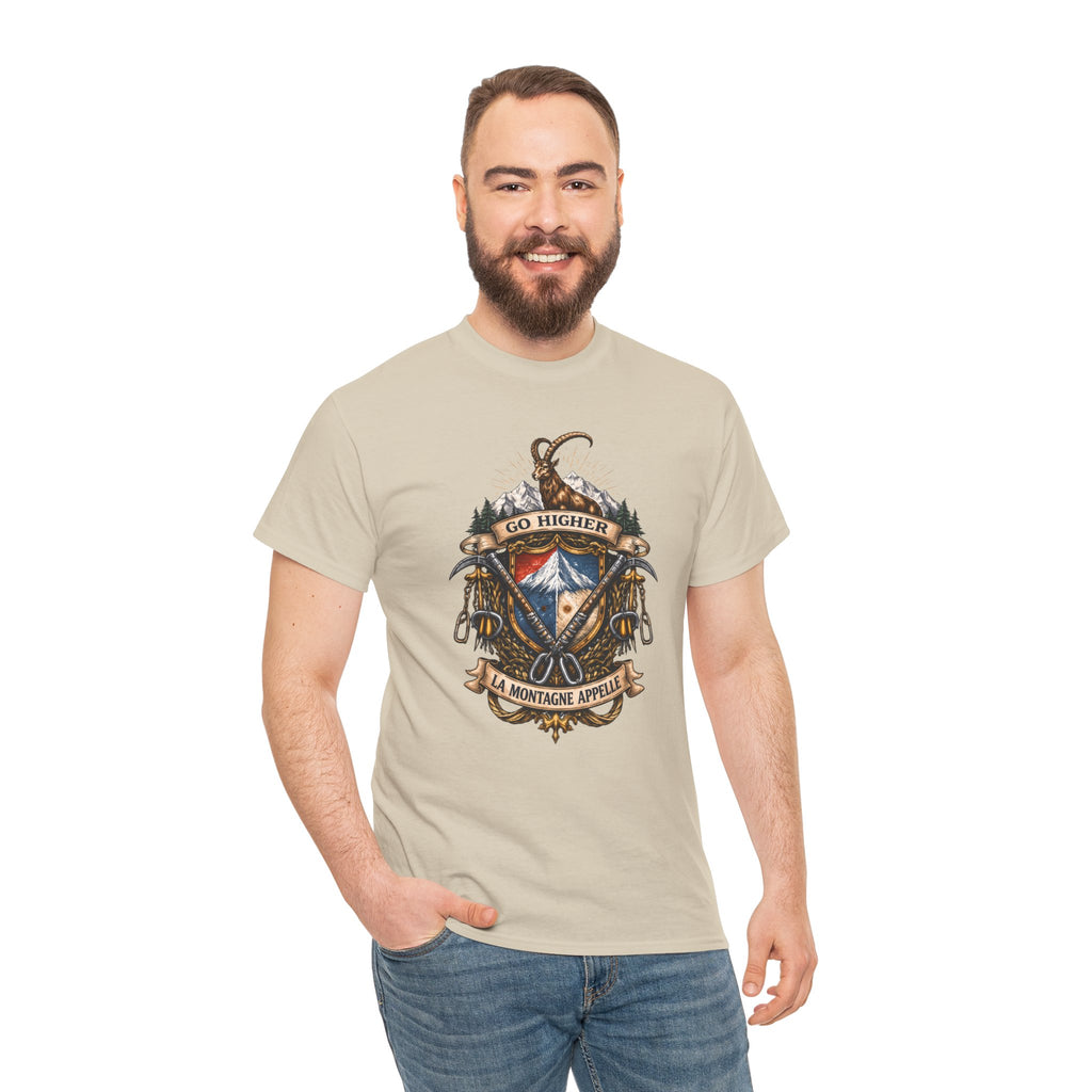 Adventure Crest T-Shirt — "Go Higher" Mountain Climbing Graphic Tee