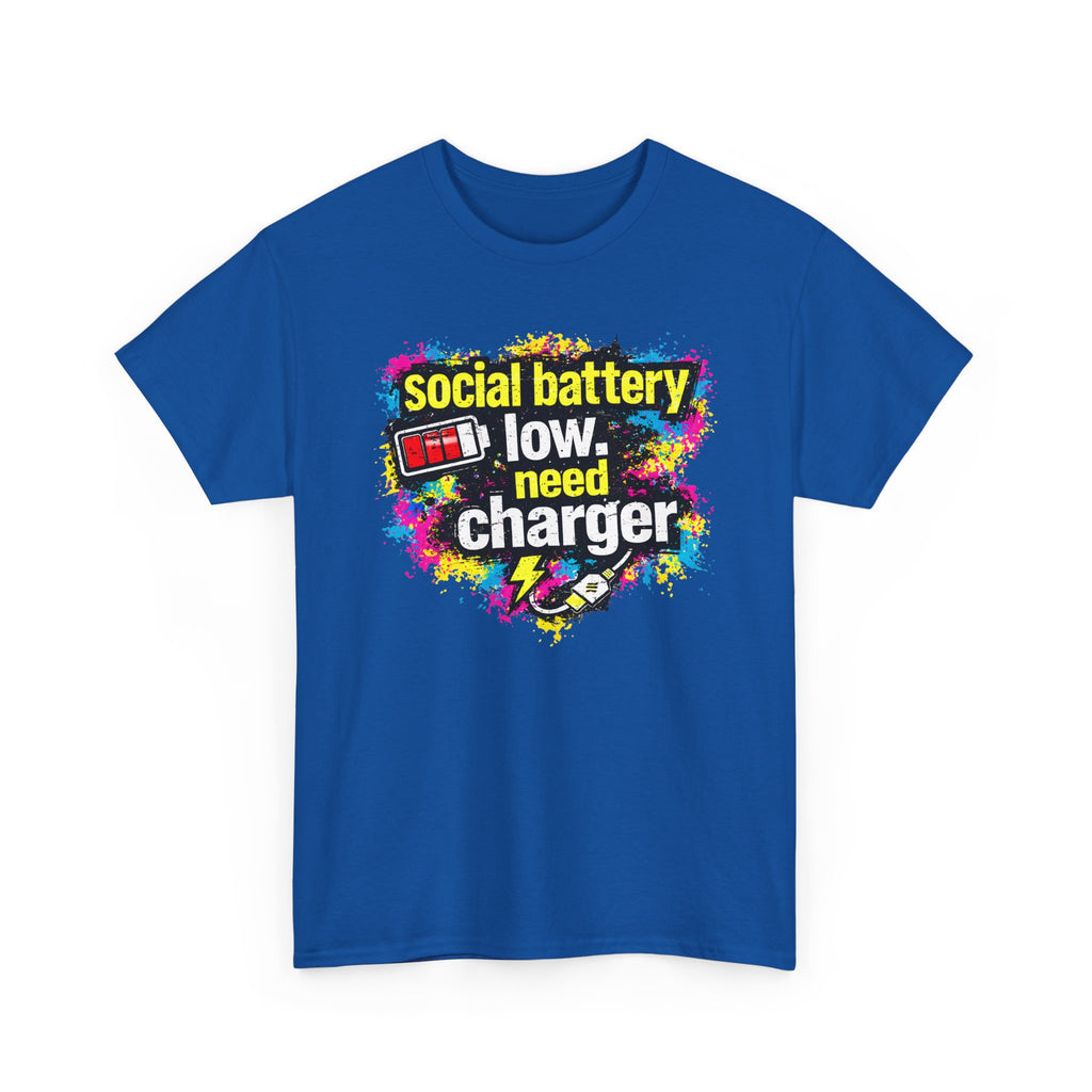 Social Battery Low Need Charger T-Shirt — Funny Sarcastic Introvert Graphic Tee