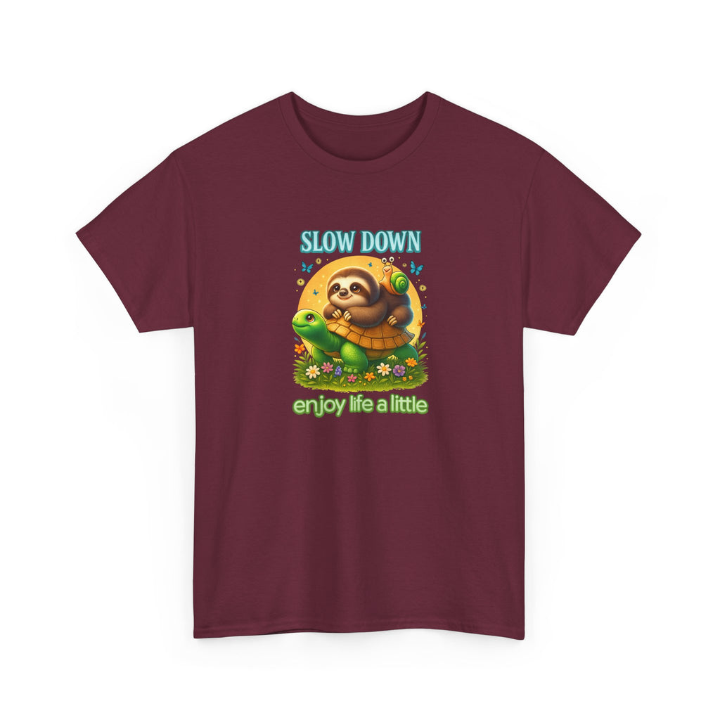 Slow Down Turtle Sloth & Snail V-Neck Tee — "Enjoy Life a Little" Relaxed Graphic Shirt