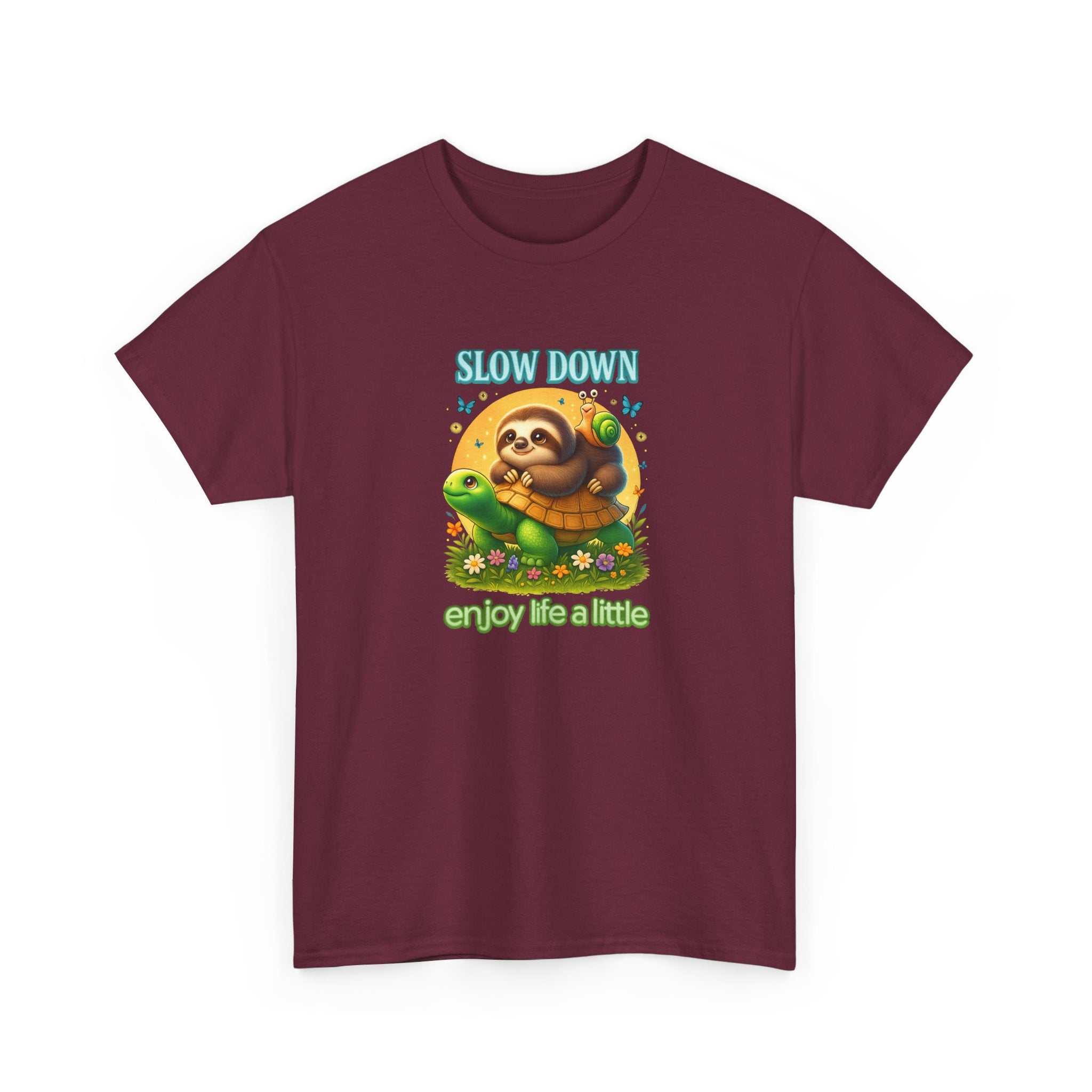 Slow Down Turtle Sloth & Snail V-Neck Tee — "Enjoy Life a Little" Relaxed Graphic Shirt