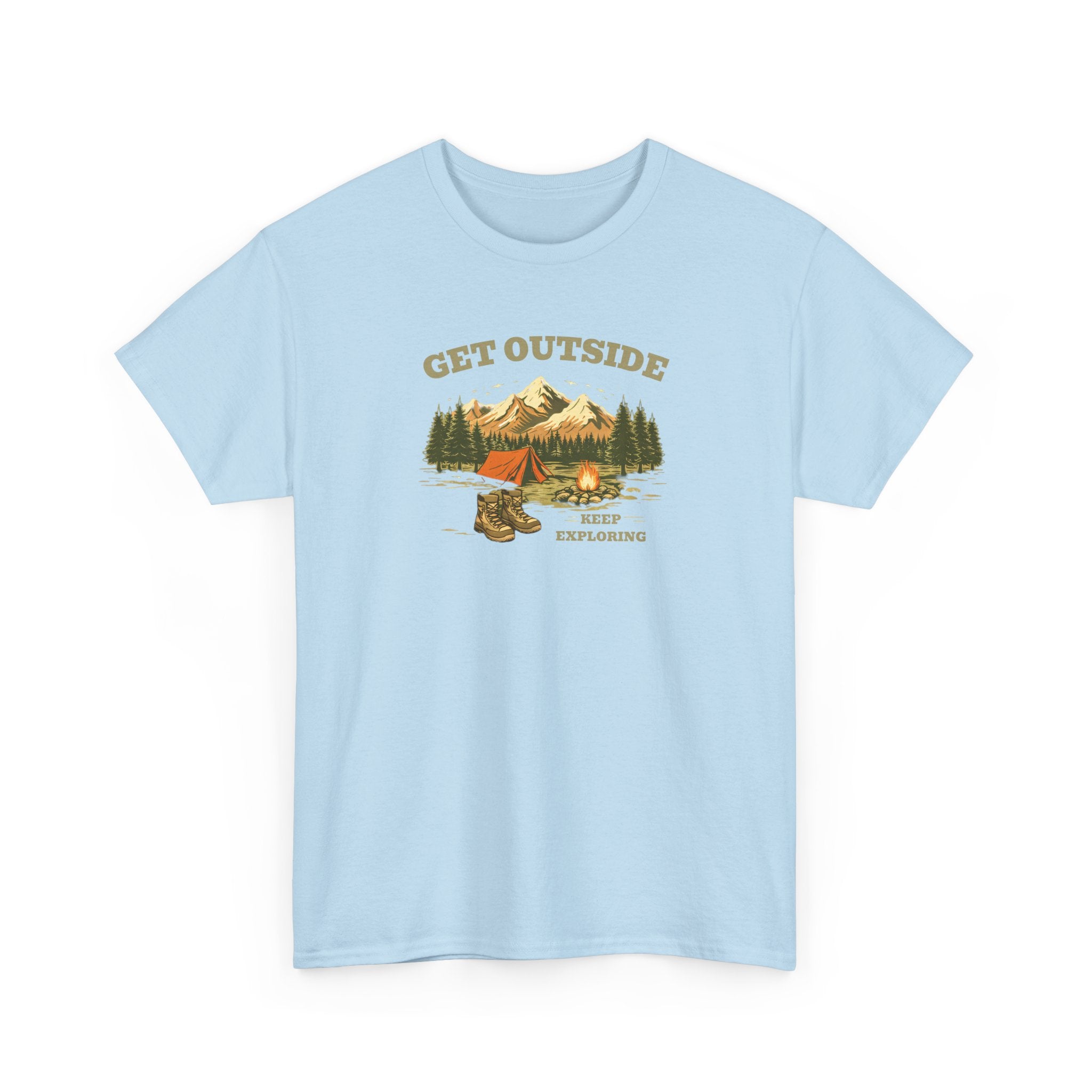 Get Outside Camping T-Shirt — Retro Mountain Tent & Campfire Tee
