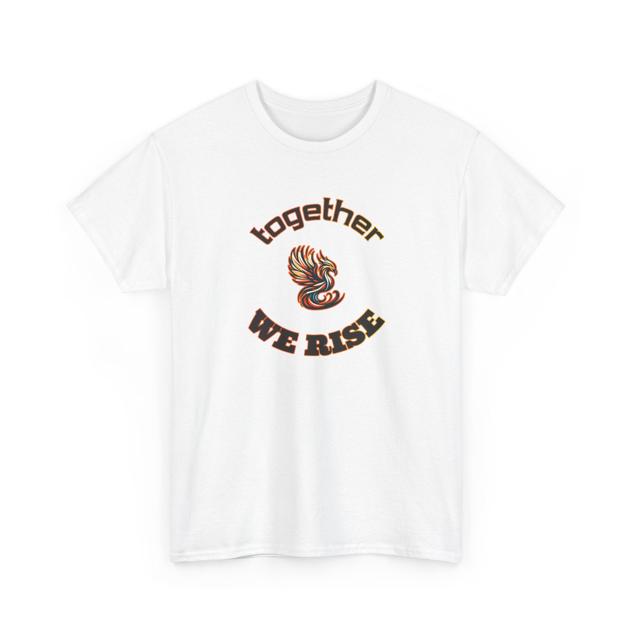 a design with the text 'together we rise' and a phoenix in the center