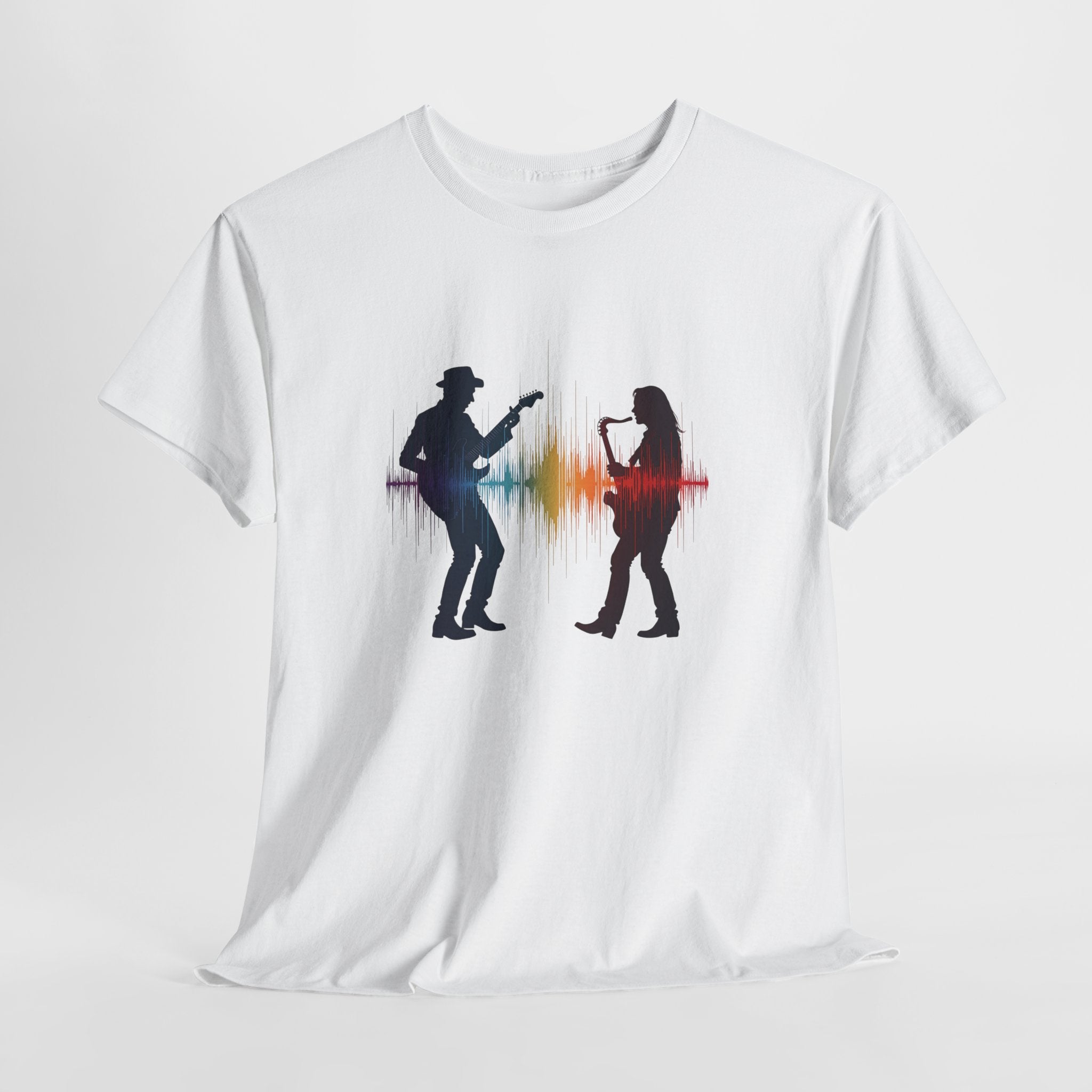 Music Lovers T‑Shirt – Guitarist & Singer Silhouette with Colorful Soundwave