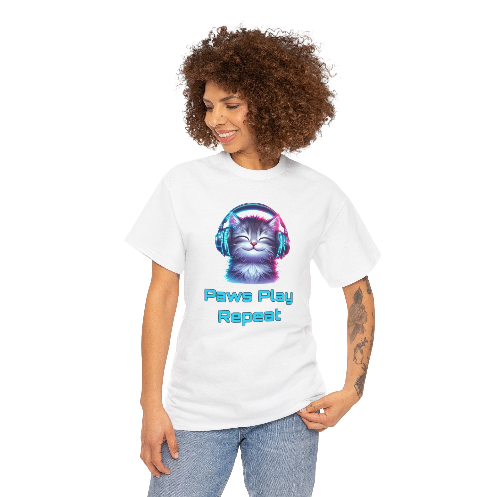 Cat Headphones T-Shirt - "Paws Play Repeat" Cute Music Cat Tee
