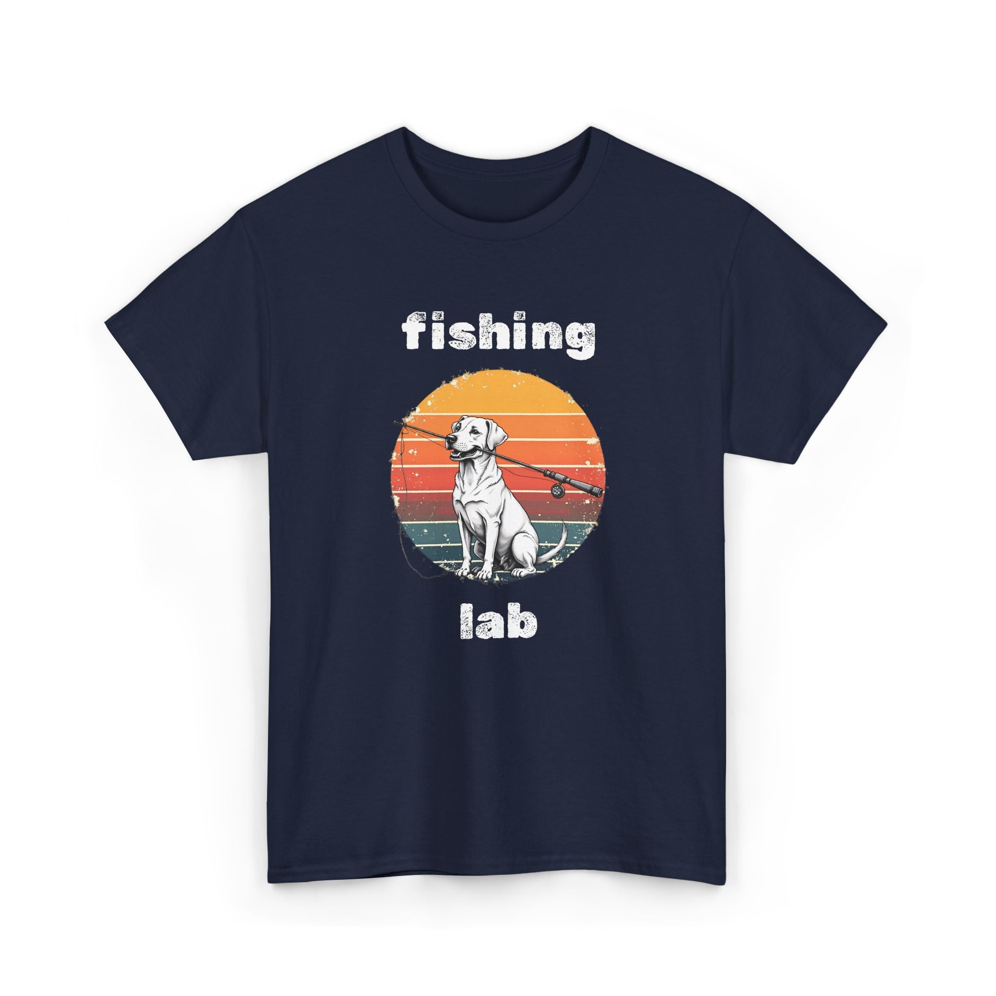 Fishing Lab T-Shirt — Retro Sunset Labrador Fishing Tee for Dog Lovers