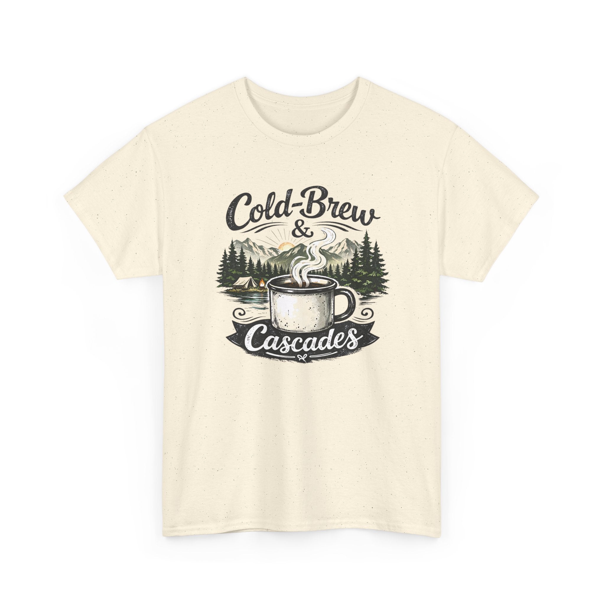 Cold-Brew & Cascades Tee — Vintage Coffee and Hiking Pine Forest Graphic T-Shirt