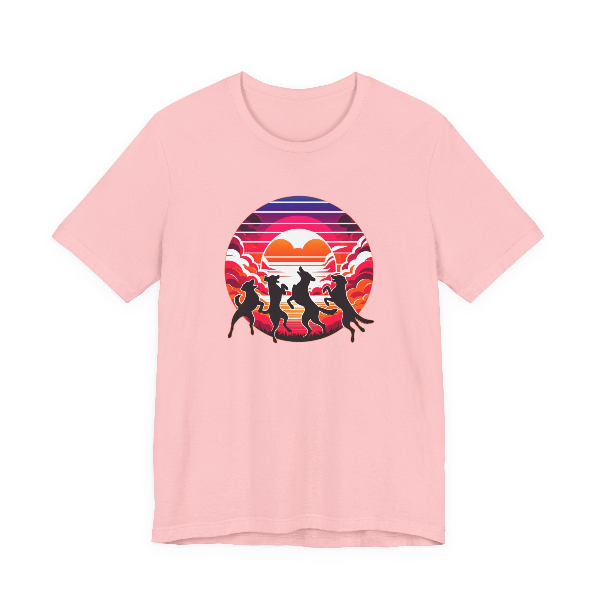 Retro Sunset Dancing Dogs T-Shirt — Vintage Rainbow Skyline Graphic Tee