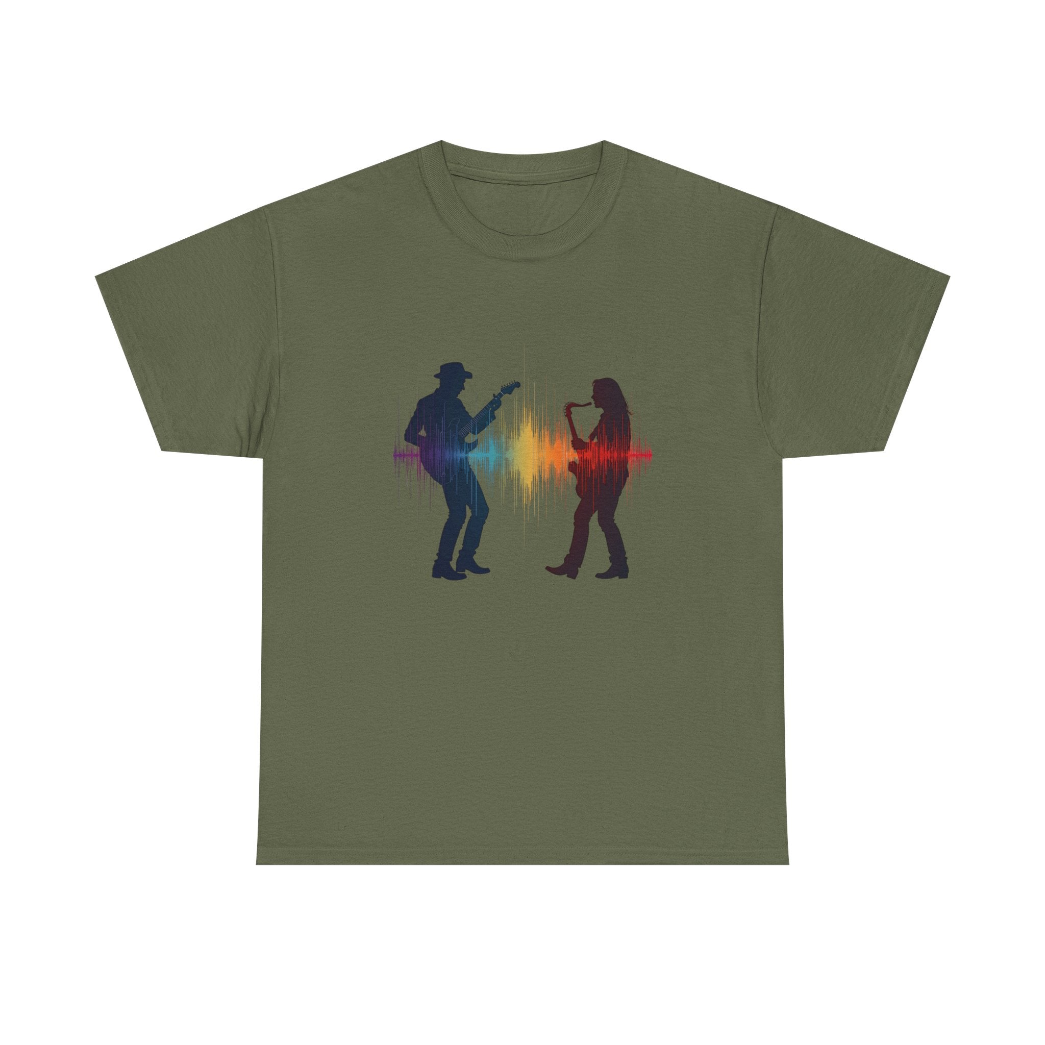 Music Lovers T‑Shirt – Guitarist & Singer Silhouette with Colorful Soundwave