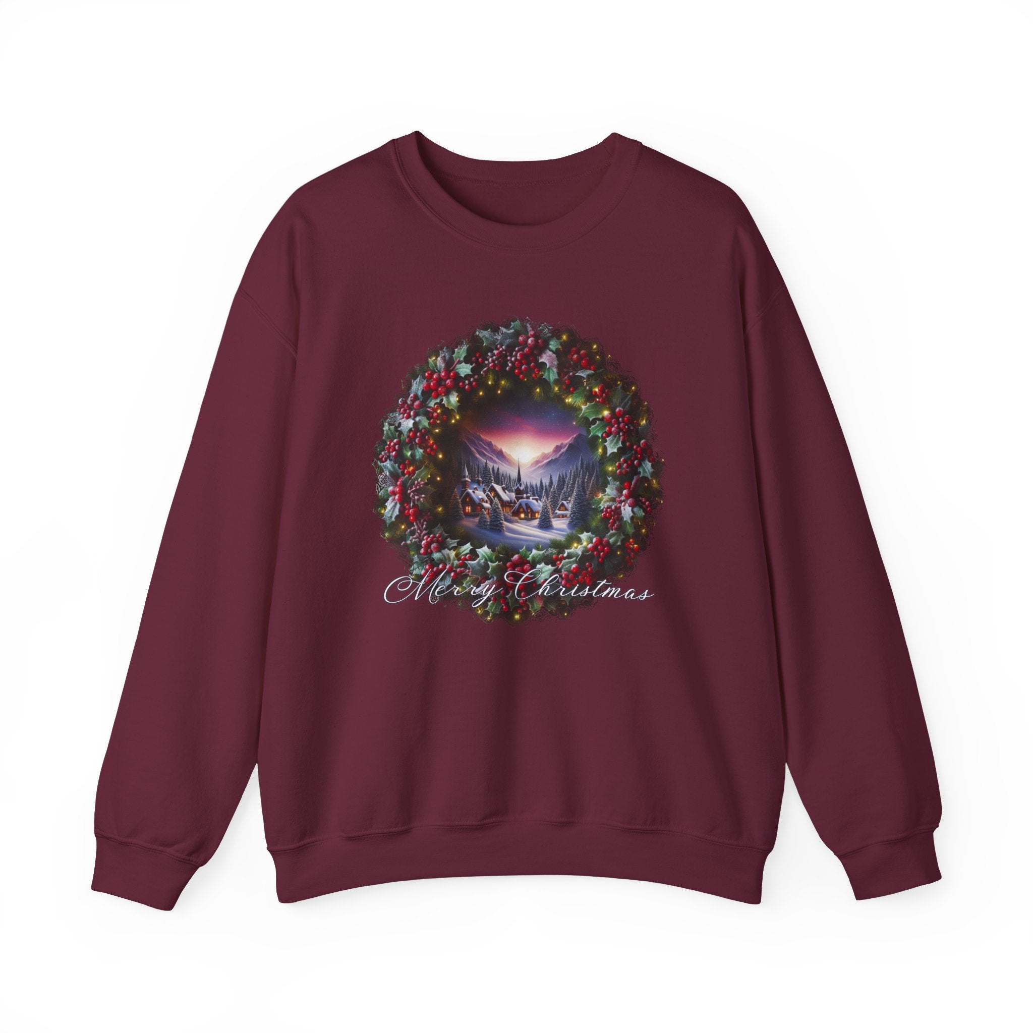 Christmas Wreath Crewneck Sweatshirt — Vintage Winter Scene Christmas Wishes