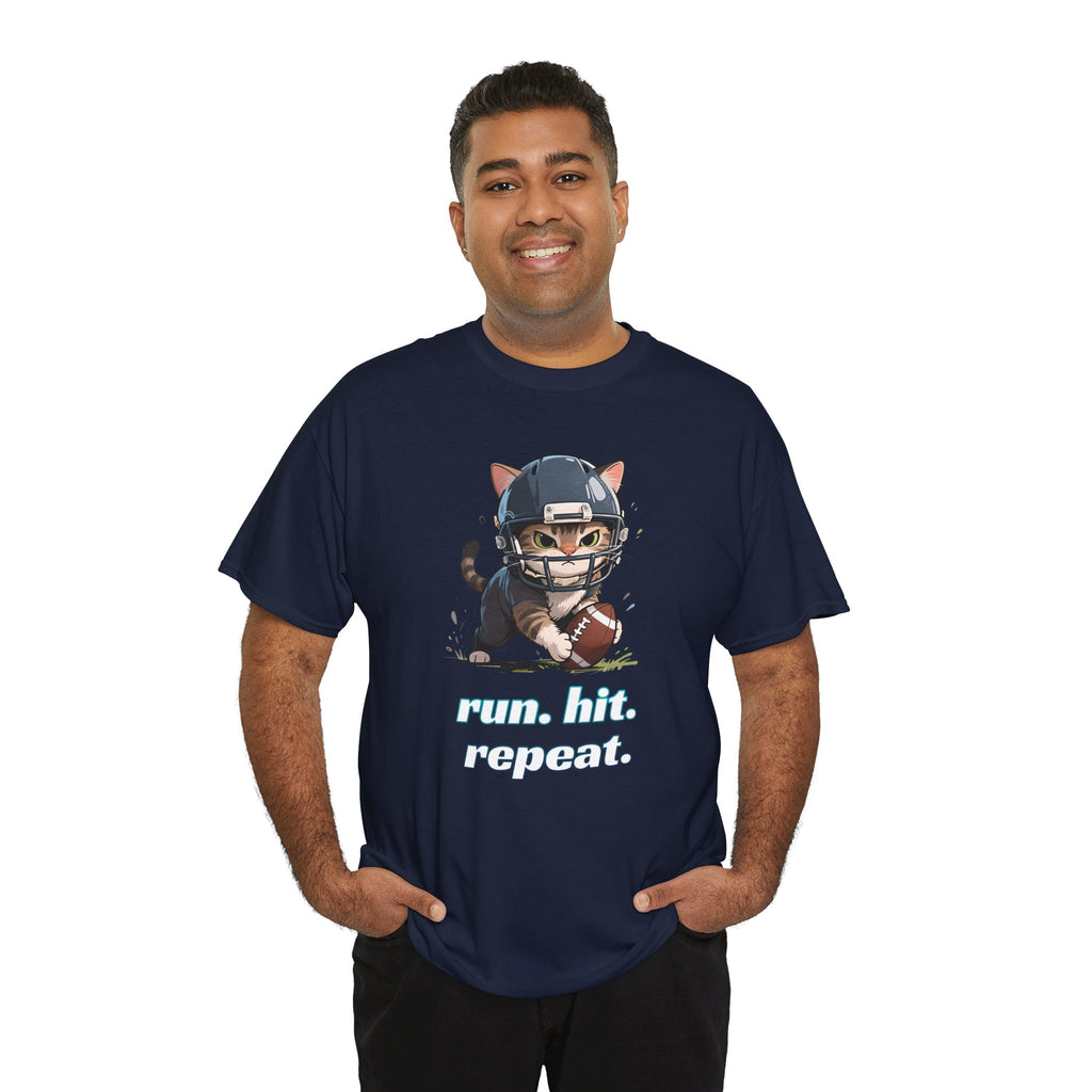 Funny Football Cat T-Shirt — "Run. Hit. Repeat." Cute Helmet Kitten Tee for Football Fans