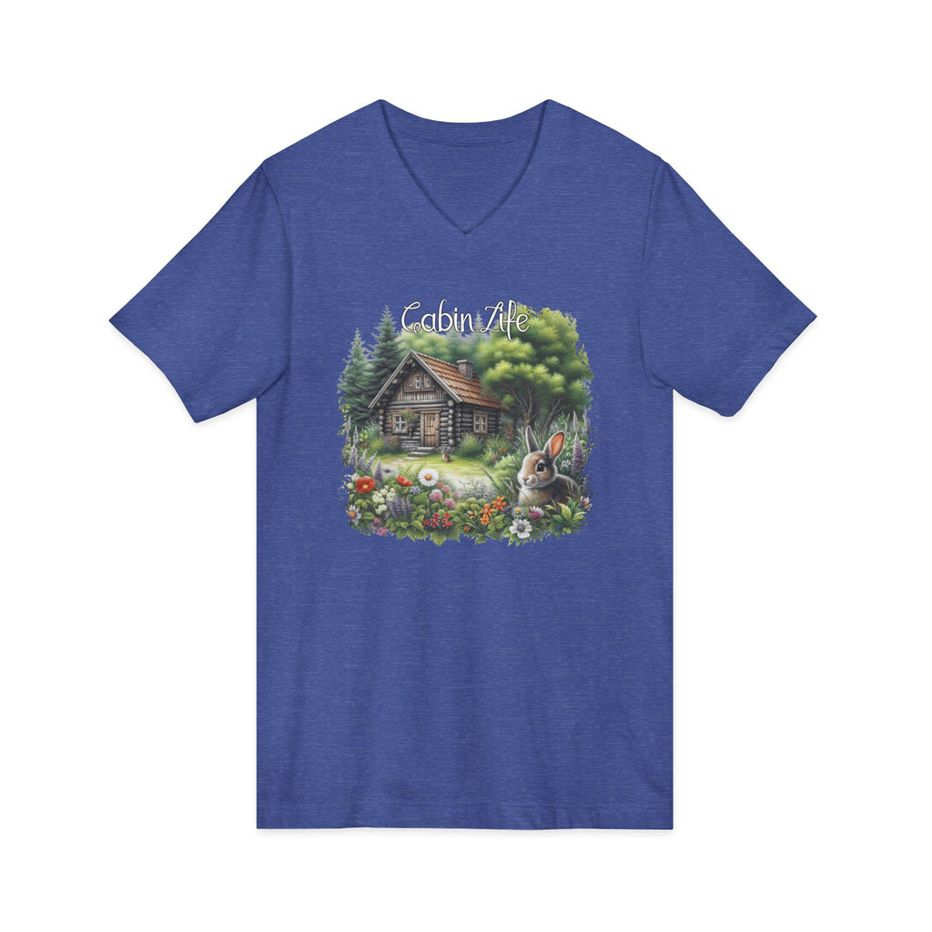 Cabin Life V-Neck Tee – Rustic Cottage & Bunny Nature Shirt