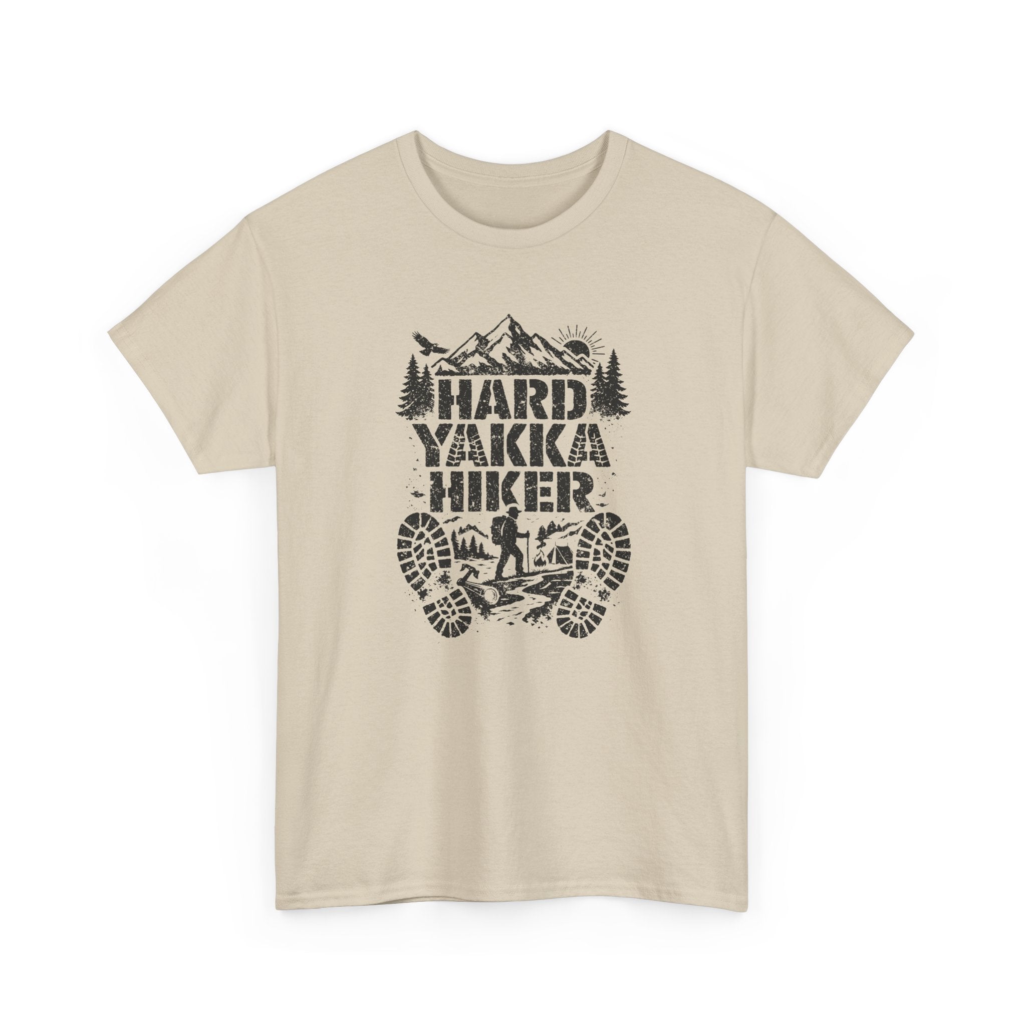 Hard Yakka Hiker T-Shirt — Outdoor Hiking Tee with Mountain Bootprint Design