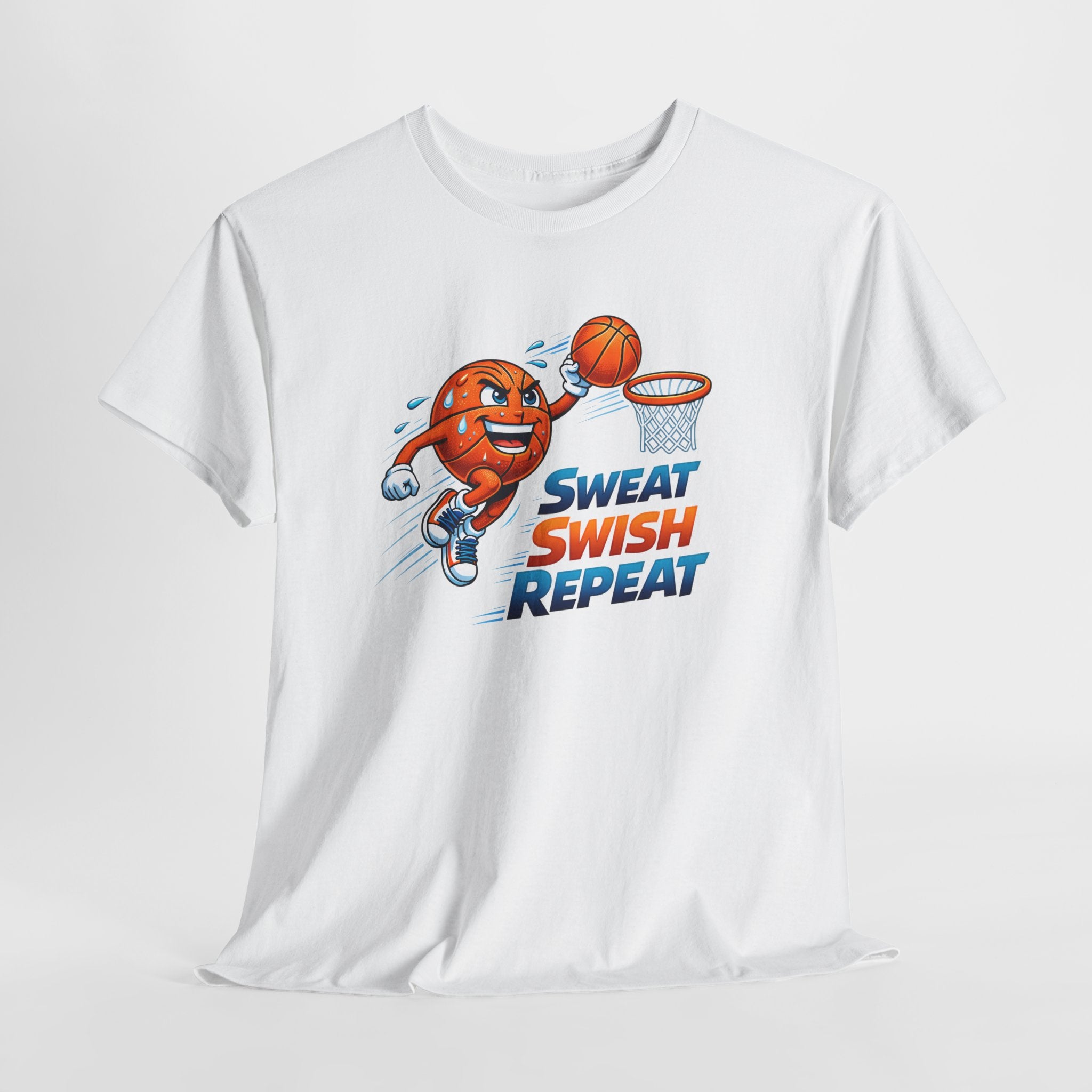 Sweat Swish Repeat Basketball T‑Shirt — Fun Hoop Cartoon Graphic Tee