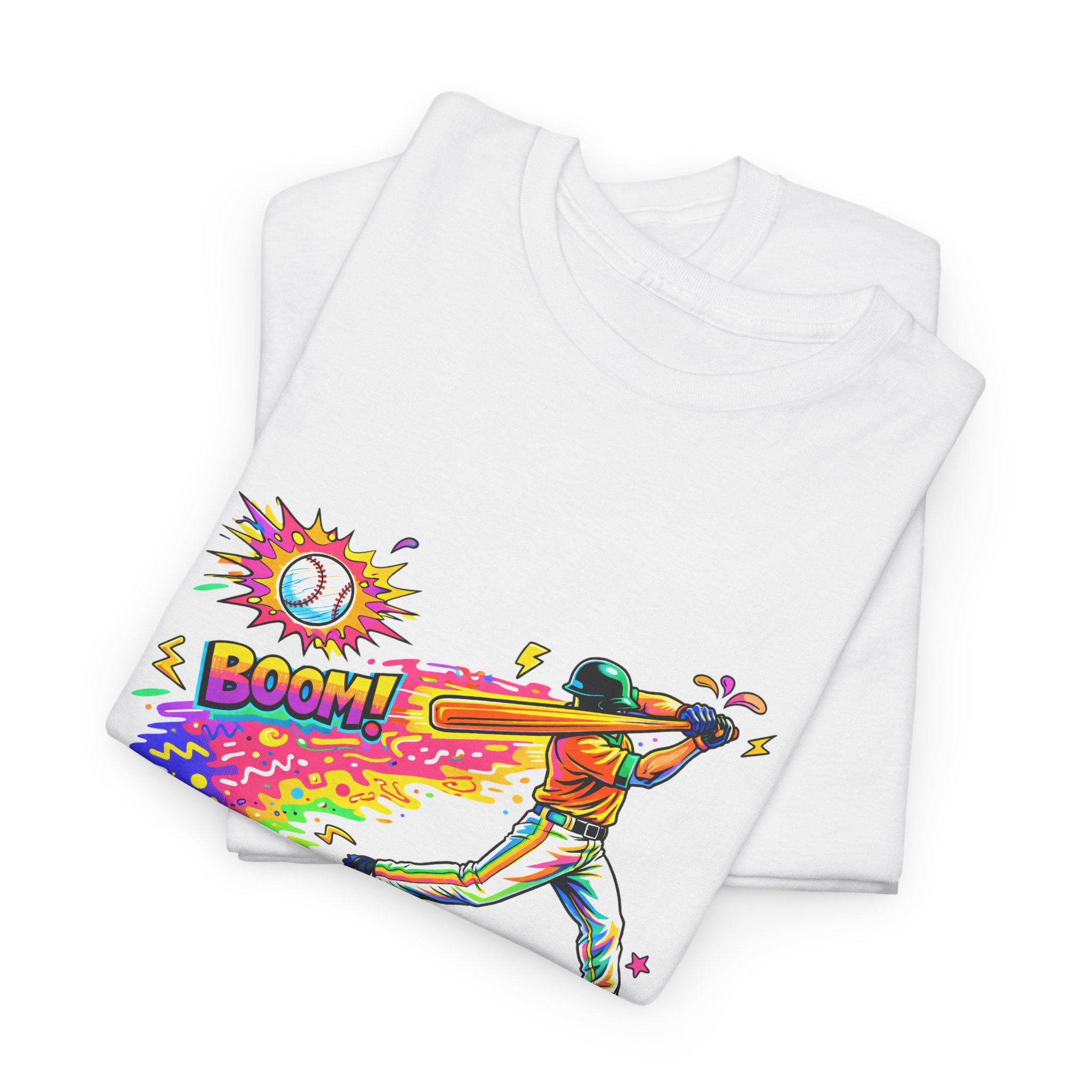 Baseball Batter Rainbow Blast Tee — 'Boom!' Graphic Sports T-Shirt
