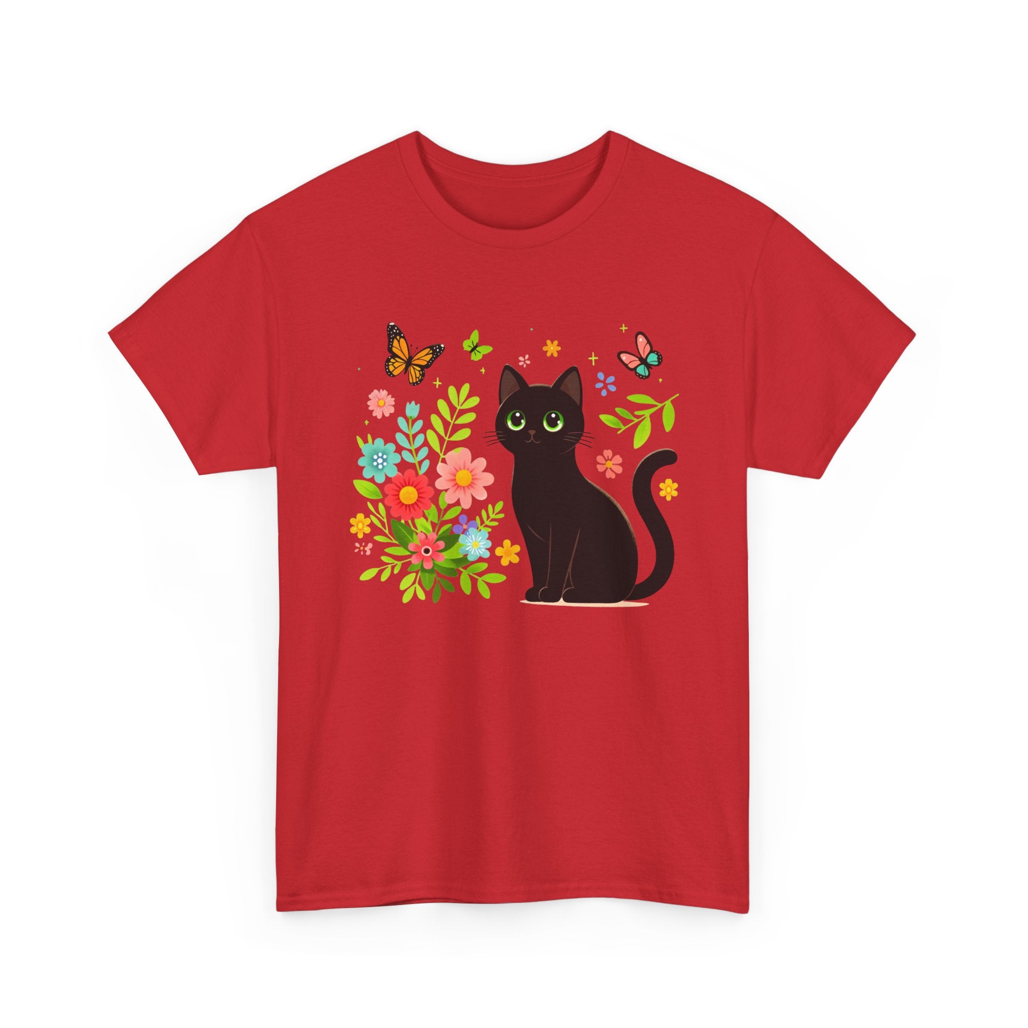 Black Cat Floral Tee - Cute Cat, Flowers & Butterflies Graphic T-Shirt