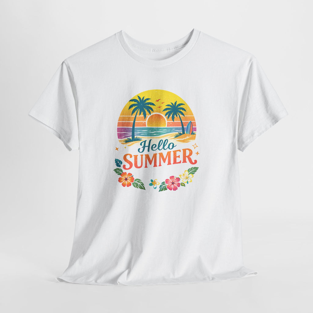 Hello Summer T-Shirt — Tropical Beach Palm Tree Graphic Tee