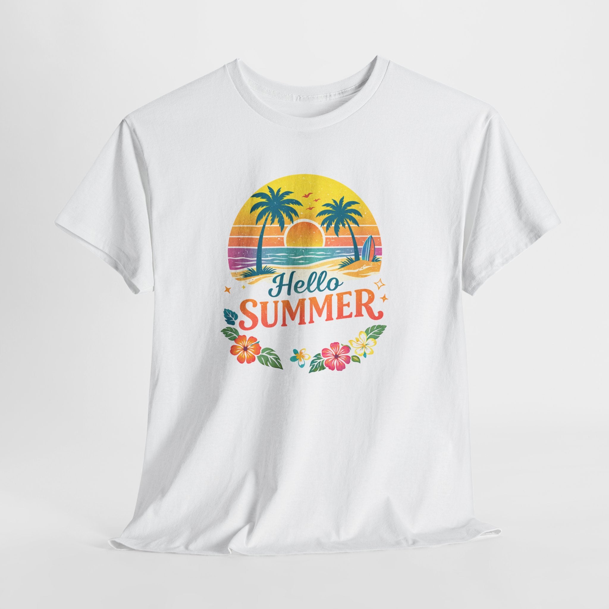 Hello Summer T-Shirt — Tropical Beach Palm Tree Graphic Tee