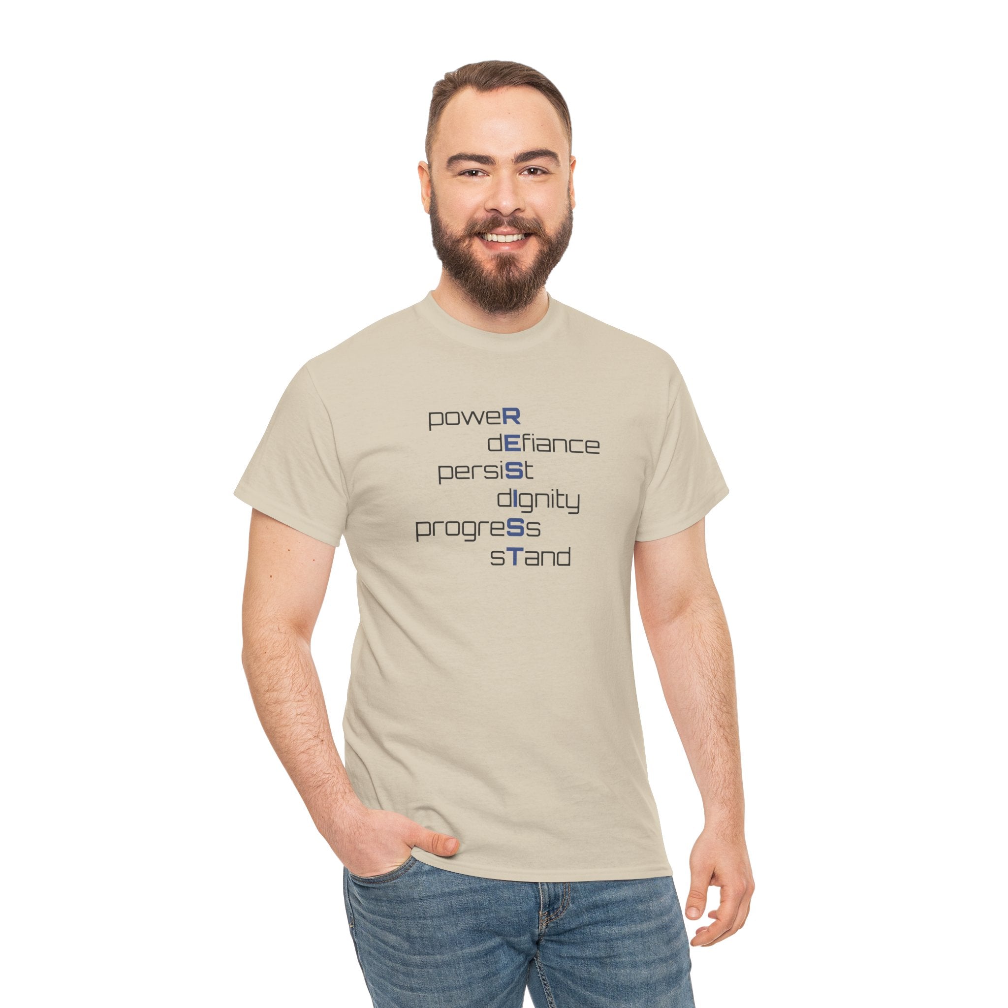 Resist T‑Shirt — 'power defiance persist dignity progress stand' Minimalist Protest Tee