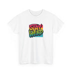 White t-shirt with colorful 'Stay Weird' text design on a white background
