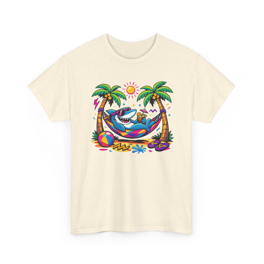 a colorful graphic of a shark lounging in a hammock between palm trees by the beach