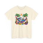 a colorful graphic of a shark lounging in a hammock between palm trees by the beach