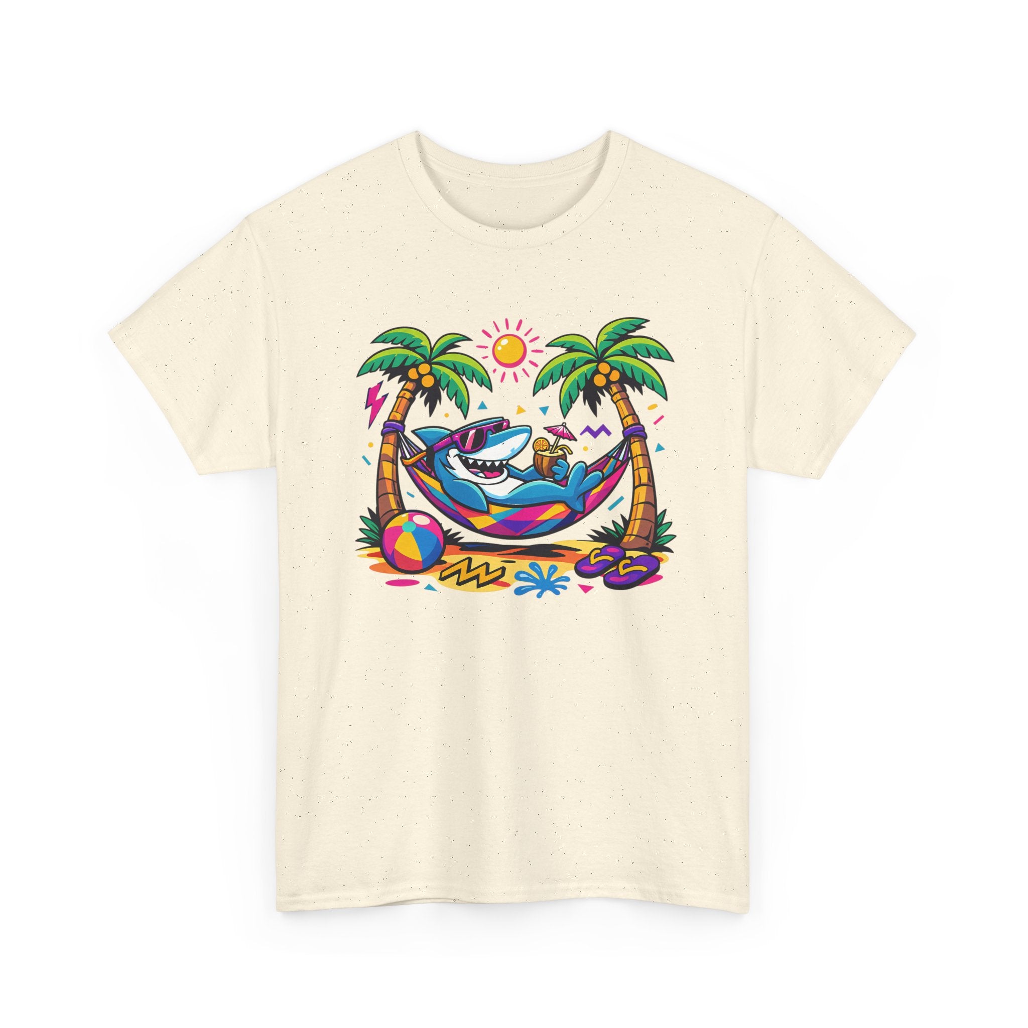 a colorful graphic of a shark lounging in a hammock between palm trees by the beach