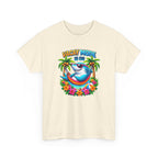 Beige t-shirt with a colorful graphic of a shark, palm trees, and flowers with 'Vacay Mode is On' text on a white background.