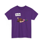 Purple t-shirt with a graphic of a person holding an 'I'm fine' sign on a white background