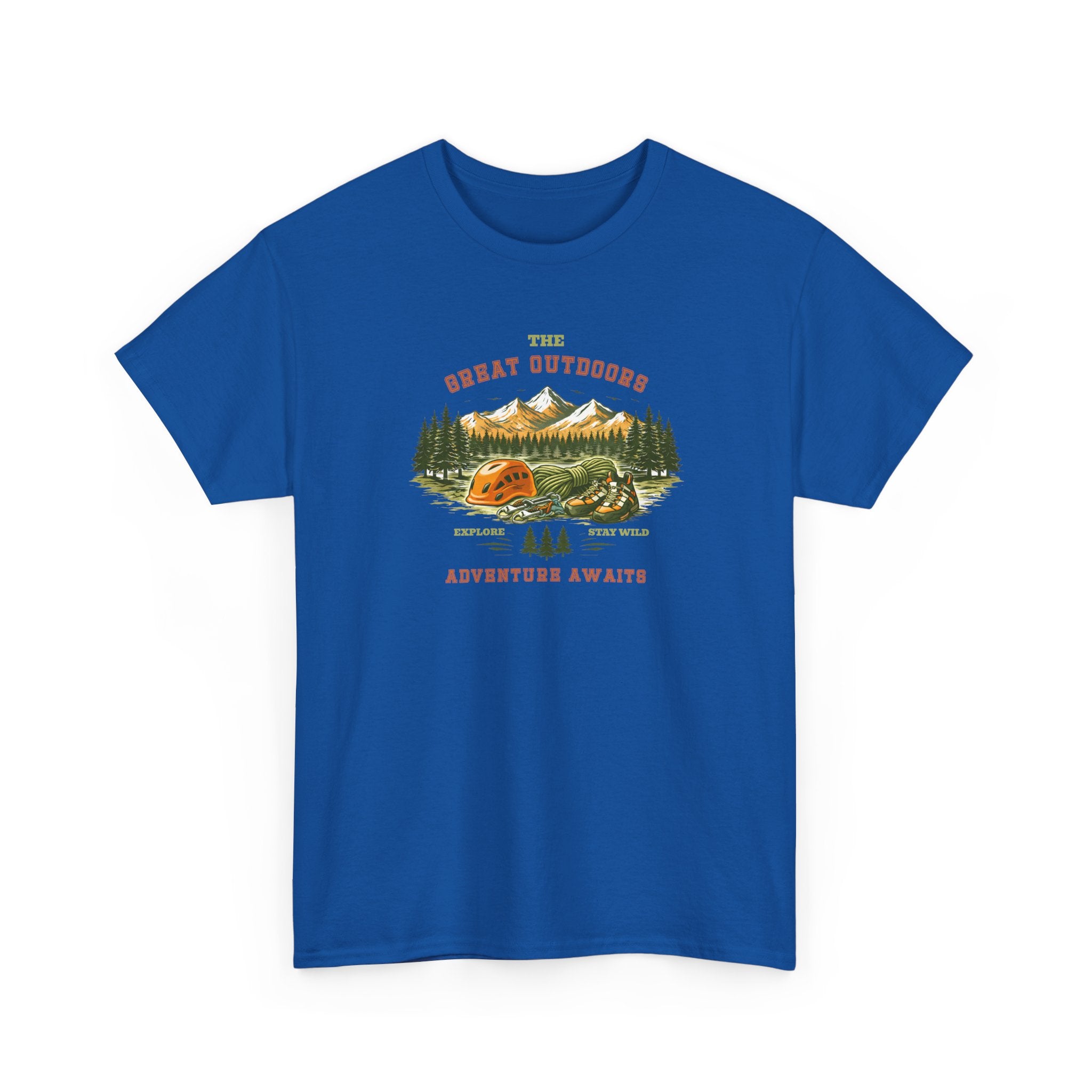 Rock Climbing Camping T-Shirt — "The Great Outdoors: Adventure Awaits" Graphic Tee