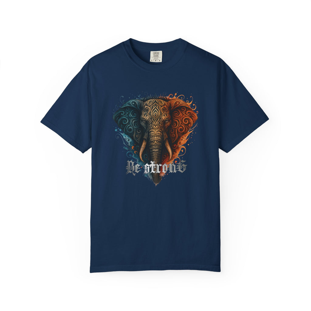 Elephant Head Graphic Tee — 'Be Strong' Tribal Art T-Shirt