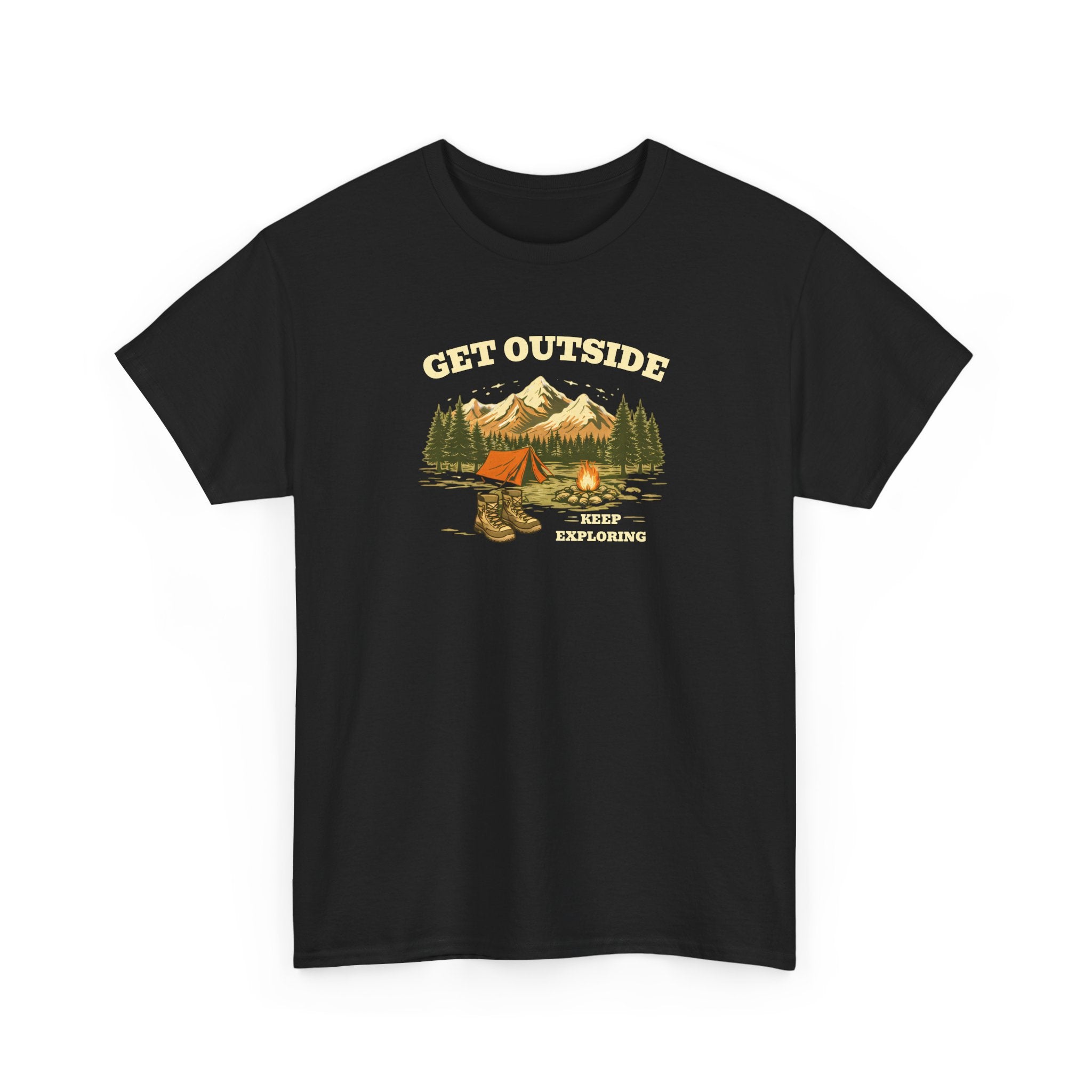 Get Outside Camping T-Shirt — Retro Mountain Tent & Campfire Tee