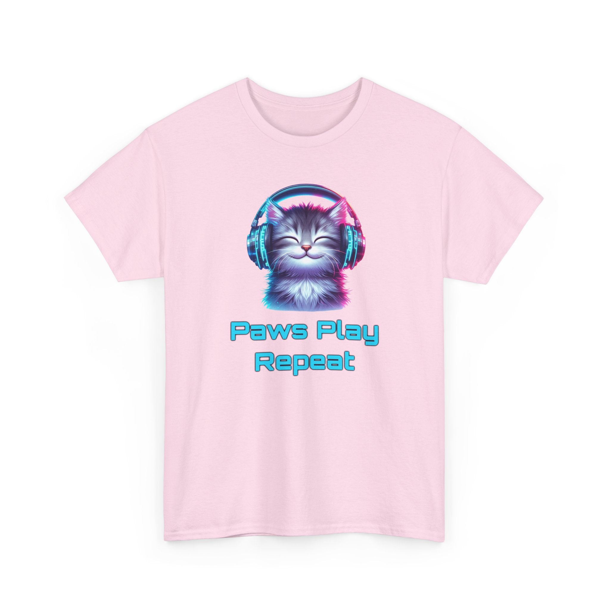 Cat Headphones T-Shirt - "Paws Play Repeat" Cute Music Cat Tee