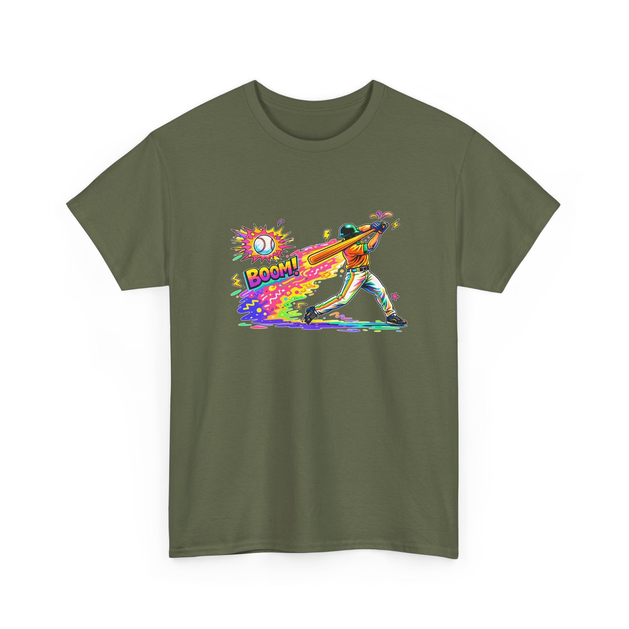 Baseball Batter Rainbow Blast Tee — 'Boom!' Graphic Sports T-Shirt