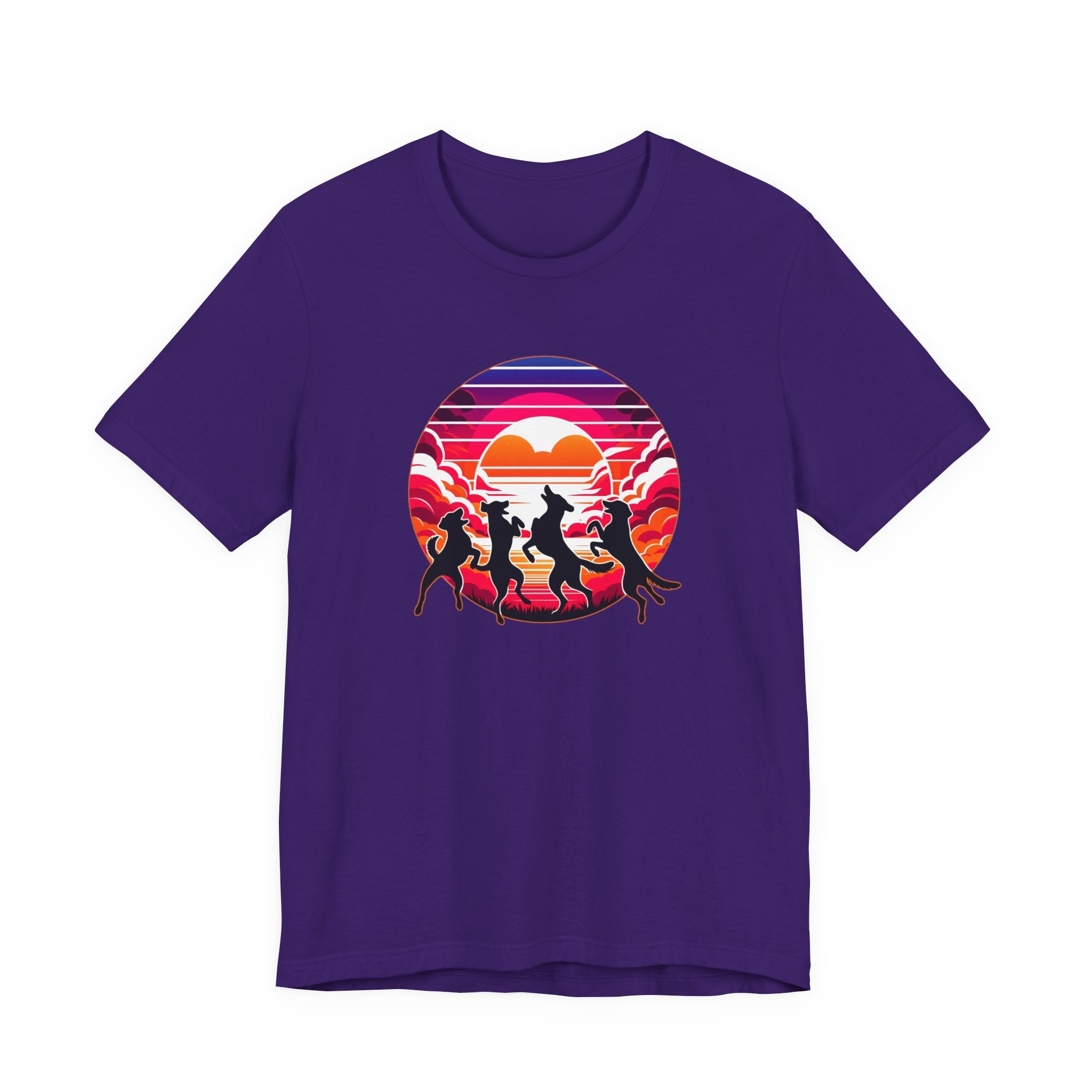 Retro Sunset Dancing Dogs T-Shirt — Vintage Rainbow Skyline Graphic Tee