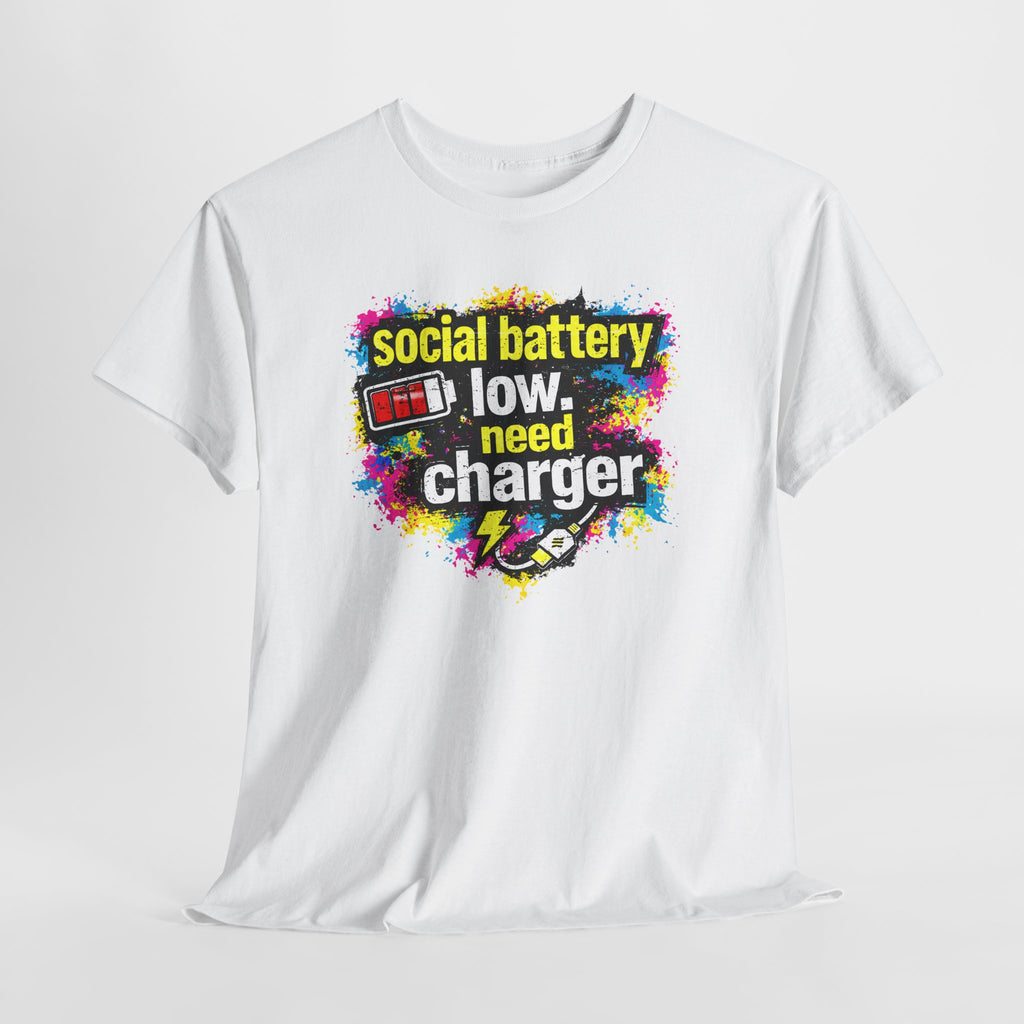 Social Battery Low Need Charger T-Shirt — Funny Sarcastic Introvert Graphic Tee