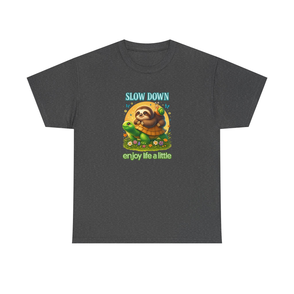 Slow Down Turtle Sloth & Snail V-Neck Tee — "Enjoy Life a Little" Relaxed Graphic Shirt