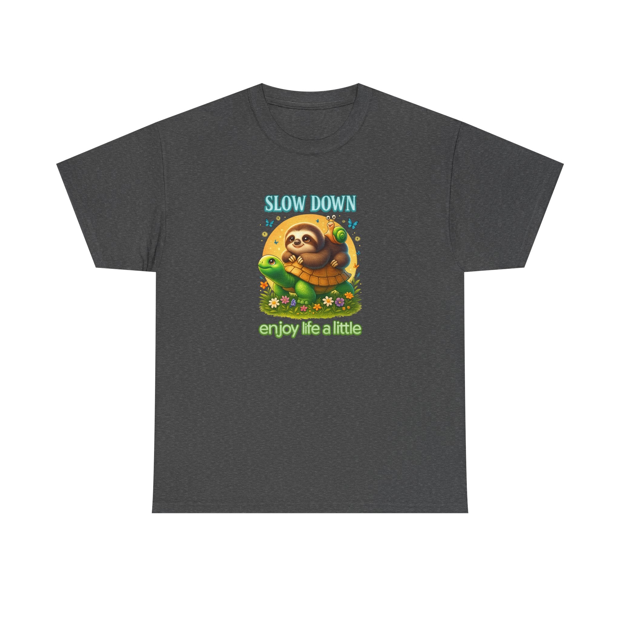 Slow Down Turtle Sloth & Snail V-Neck Tee — "Enjoy Life a Little" Relaxed Graphic Shirt