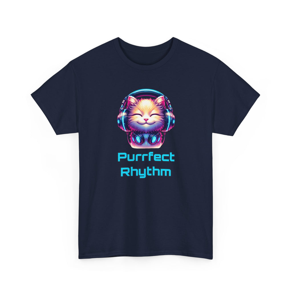 a cat with headphones on, neon pink and blue colors, with the text 'purrfect rhythm'